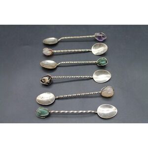 Vintage Set of 6 Twisted Metal Demitasse Spoons Semi Precious Stone Handles